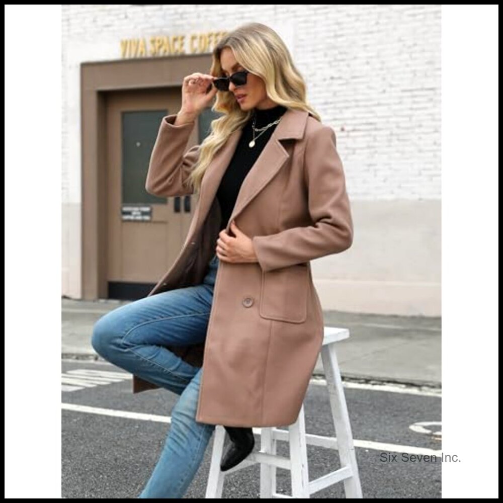 Winter Wool Blend Pea Coat Double-Breasted Notch Lapel Long Sleeve - Picture 6 of 7